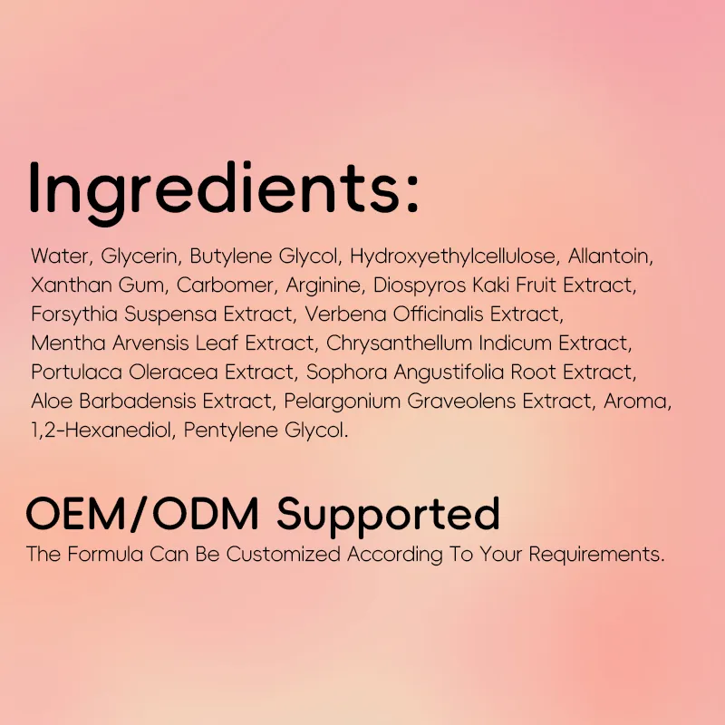 List of ingredients including Water, Glycerin, and several plant extracts with OEM/ODM support mentioned.